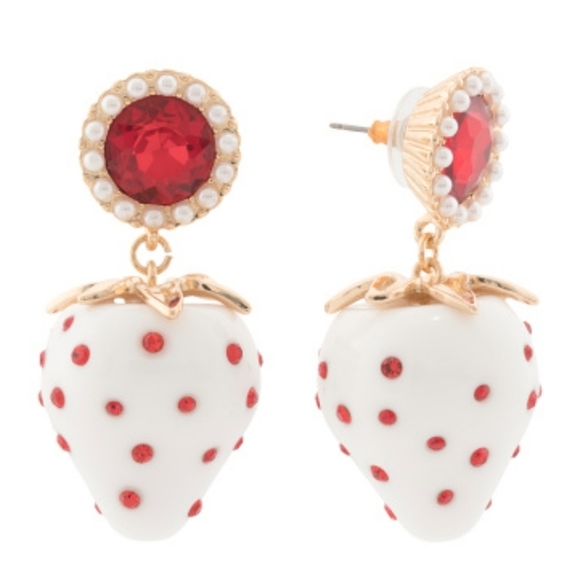 🔹️ Betsey Johnson🔹️ red white strawberry crystal drop earrings ✨️🍓 - Picture 1 of 6